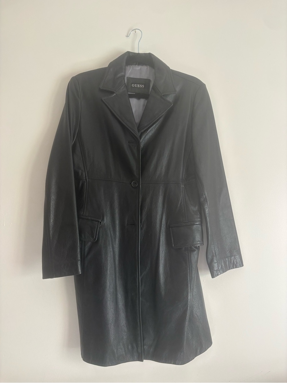 GUESS Black Leather Long Single-Button Coat